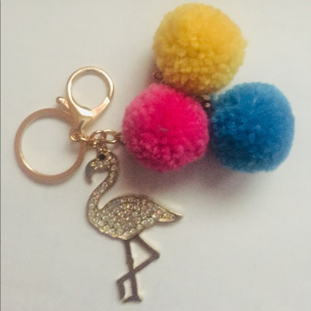 Flamingo with Pom Poms Keychain